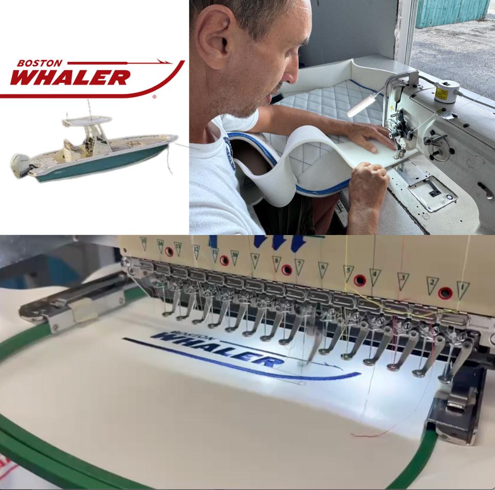 Embroidery machine with Boston Whaler logo