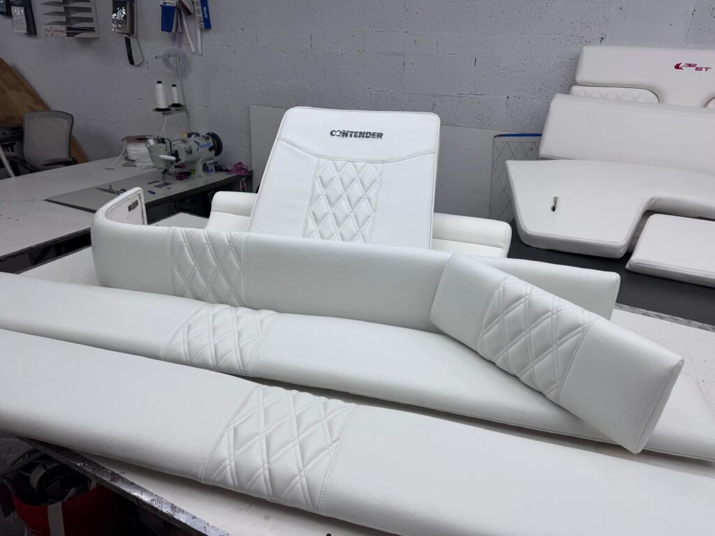Contender boat upholstery with offshore-grade seating and reinforced construction