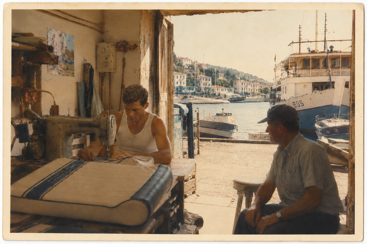 A waterfront marine upholstery workshop on the Adriatic coast with a craftsman restoring boat seating overlooking luxury yachts.