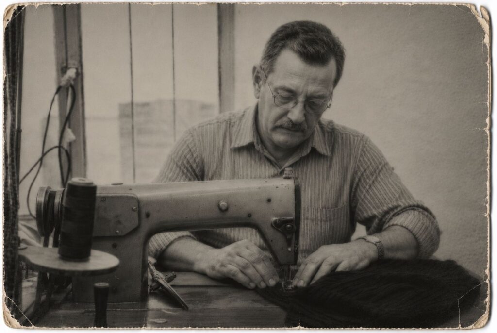 A multi-generational family legacy of sewing and leather craftsmanship showing an experienced artisan working on a vintage sewing machine.