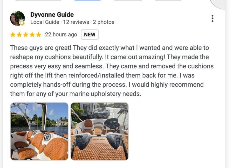 Five star client review for SeaDoo boat upholstery project in Broward