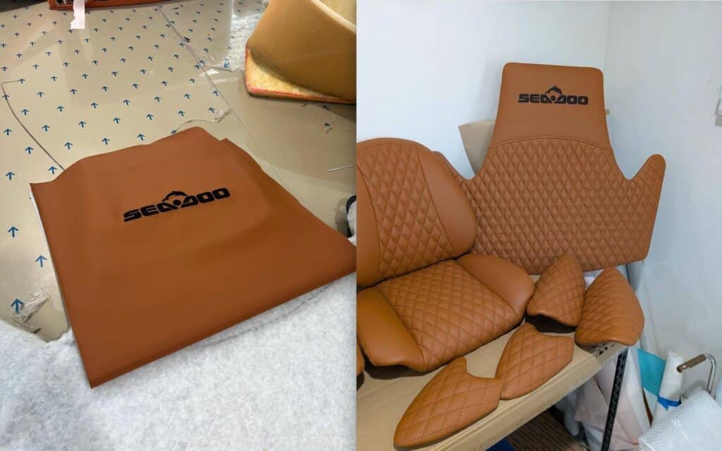 Custom SeaDoo logo embroidery on brown marine upholstery panel