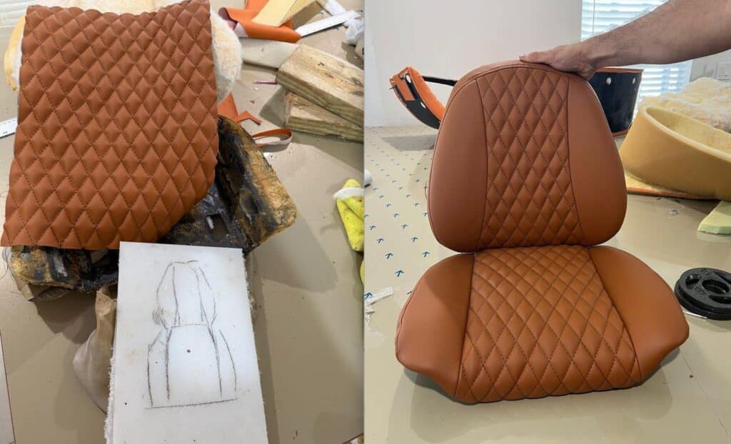 SeaDoo seat shape redesign with new brown diamond stitched upholstery