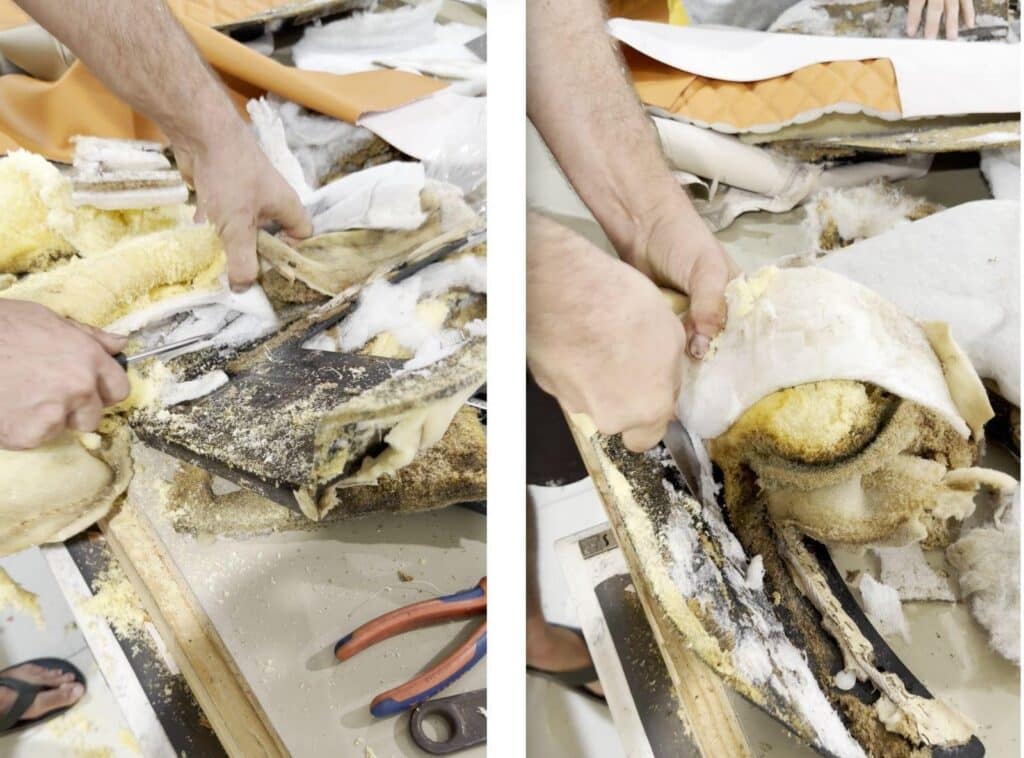 SeaDoo seat disassembly showing damaged foam and old internal padding