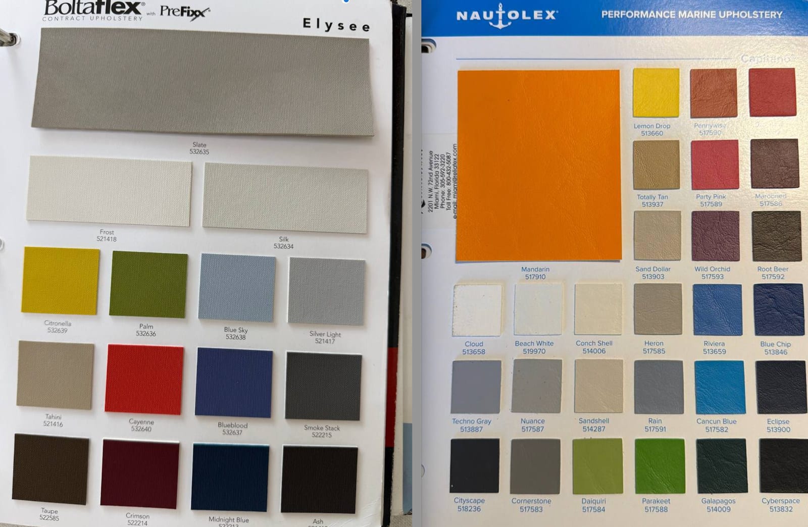 Boltaflex Elysee (left) and Nautolex Capitano (right). Elysee is a separate collection from Grand Sierra in the specification table.