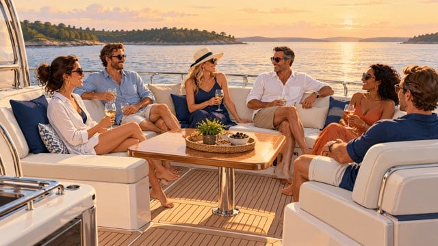 Illustration of guests aboard a charter yacht