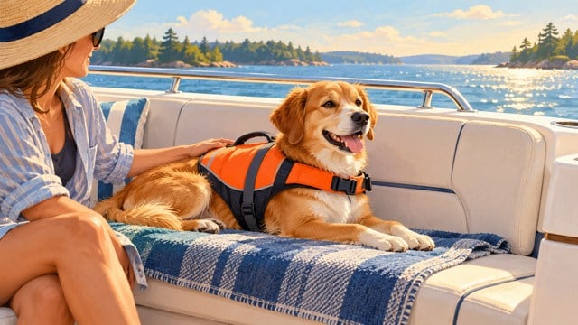 Illustration of a dog on a protected boat seat