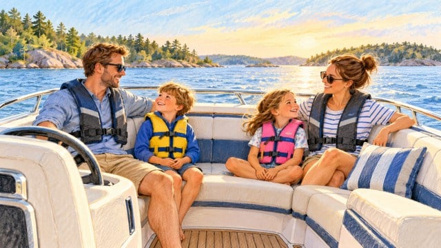 Illustration of a family wearing life jackets aboard a boat