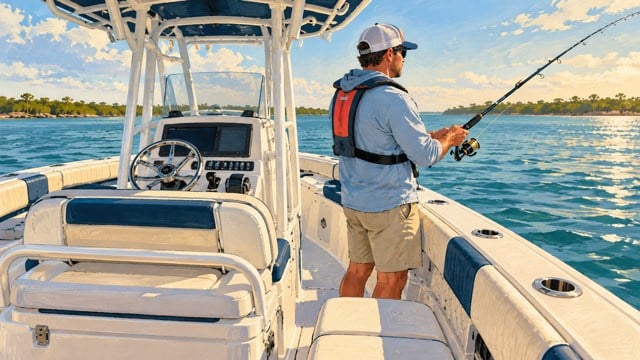 Illustration of an angler aboard a center-console boat