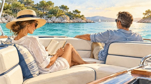 Illustration of two people relaxing aboard a boat