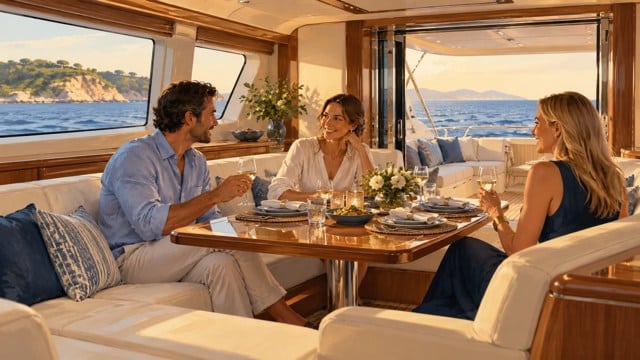 Illustration of guests dining in a luxury yacht salon