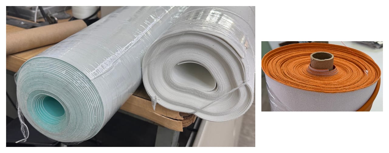 Owner-supplied photographs of material rolls and visible backing. Brands and performance specifications are not identified from appearance.