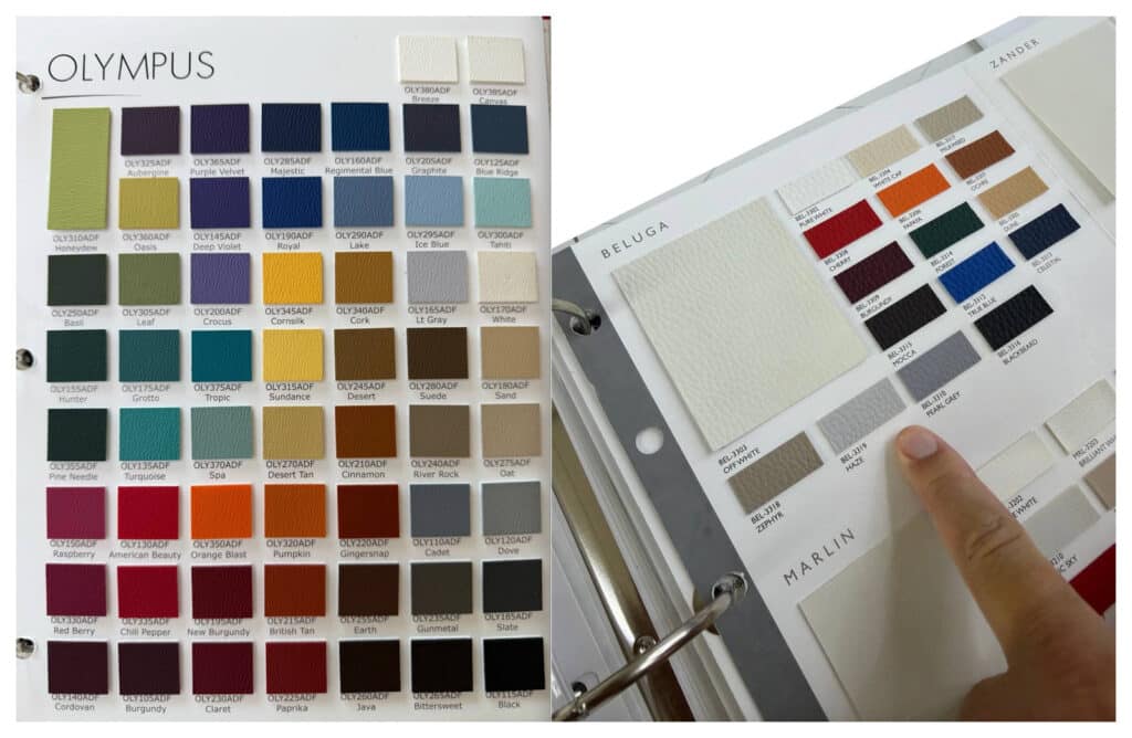 Olympus (left) and Beluga (right), photographed physical samples. Color and texture are illustrated here; test results must be read from the exact collection specification.