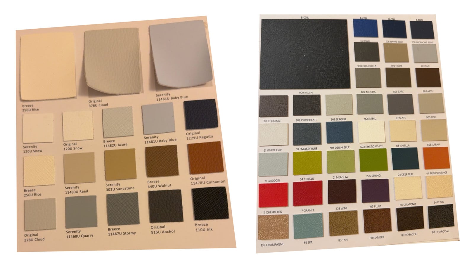Sileather Capri-Tide (left) and VERSATILE (right), physical color and texture samples from the owner’s books.