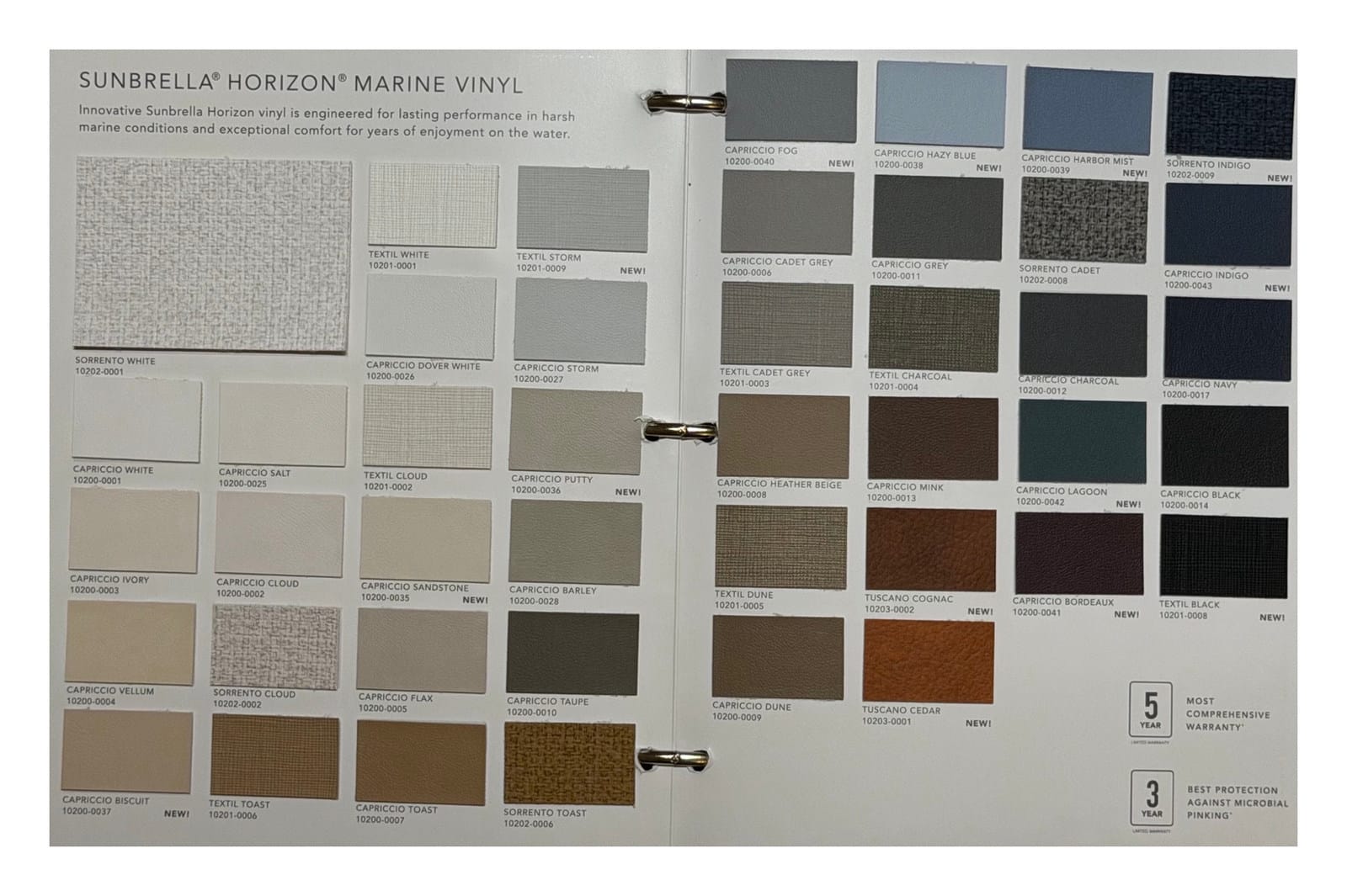Sunbrella Horizon physical color and texture samples: Capriccio, Textil, Sorrento, and Tuscano.