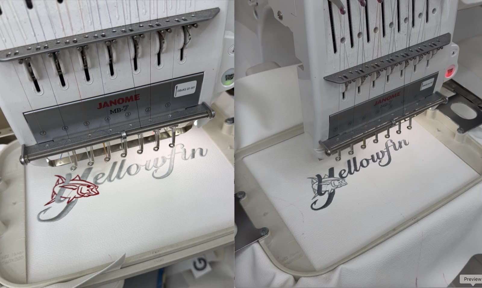 Yellowfin embroidery samples comparing a red fish accent with the selected gray fish design